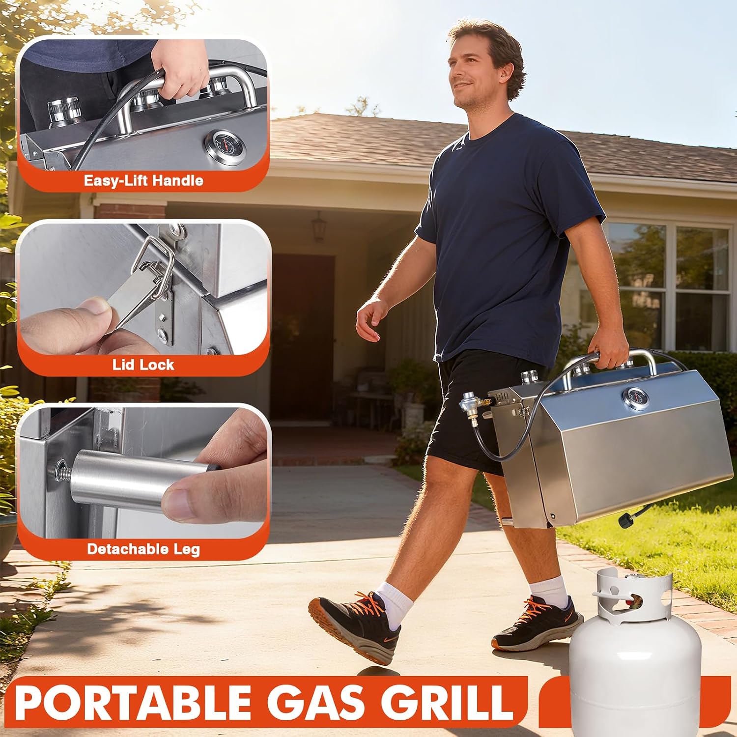 Llamaviva 3 Burner Gas Propane Grill with Dual Fuel Adapter,22500 BTU Stainless Steel Tabletop Portable Grill for Outdoor Barbecue Camping Cooking RV