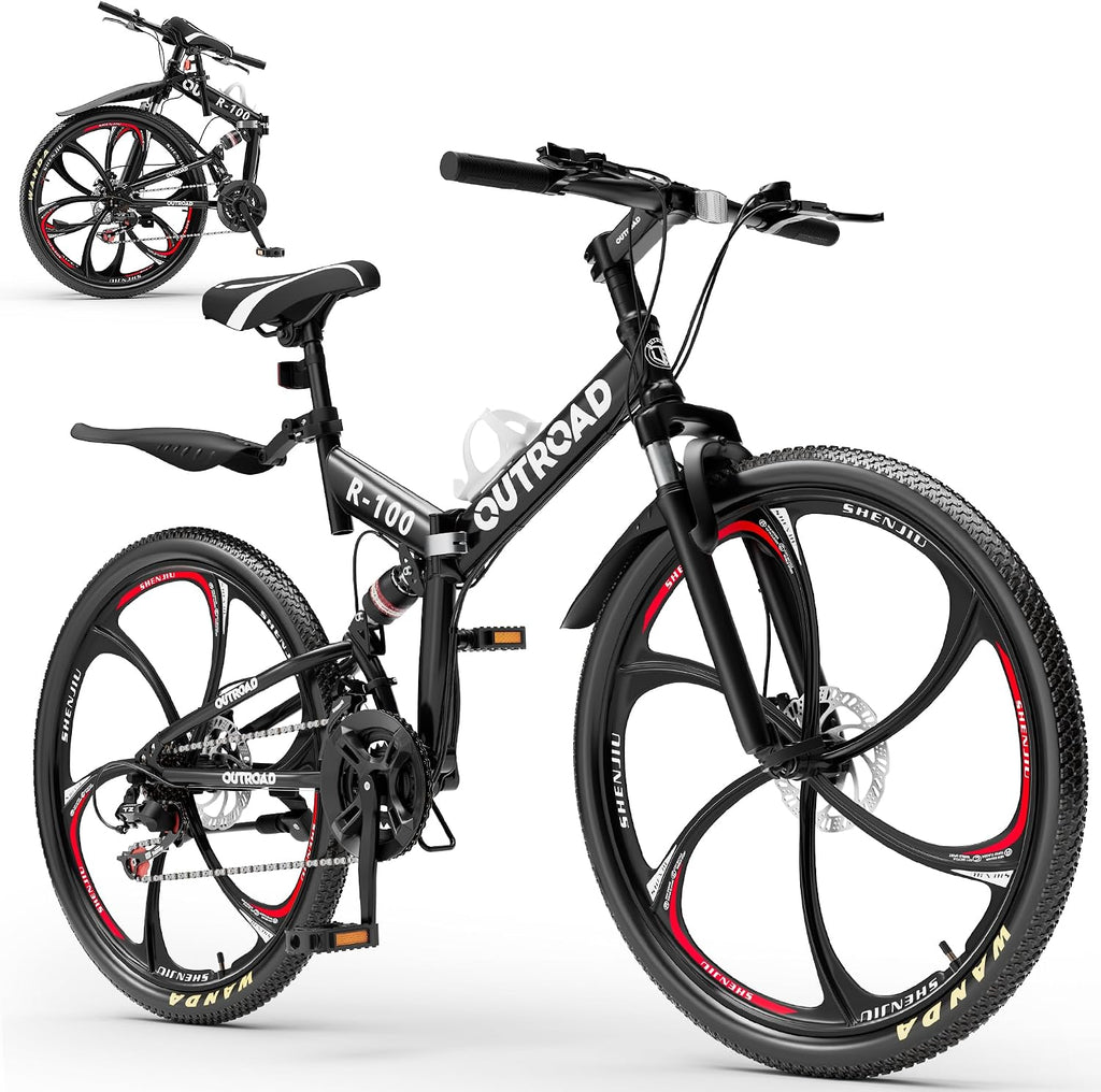 26 Inch Adult Folding Bikes/Mountain Bikes, 21 Speeds Mountain Bicycles with Full Suspension, Dual Disc Brake, High Carbon Steel Frame, Foldable Bike for Men/Women/Teen, HM-Black