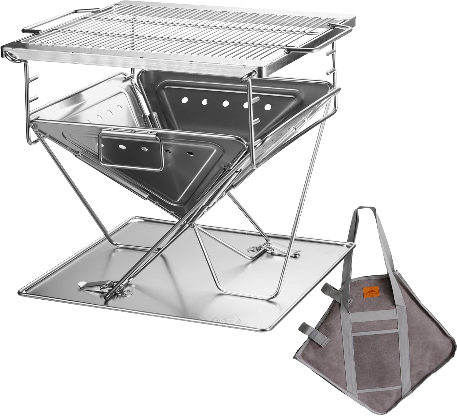 CAMPINGMOON 3 in 1 Flatpack Portable Fire Pit Grill 14 inch Foldable Stainless Steel Wood Burning Camping Stove Adjustable Height Overlanding Outdoor Cooking RV Trips Carry Bag included MT-045