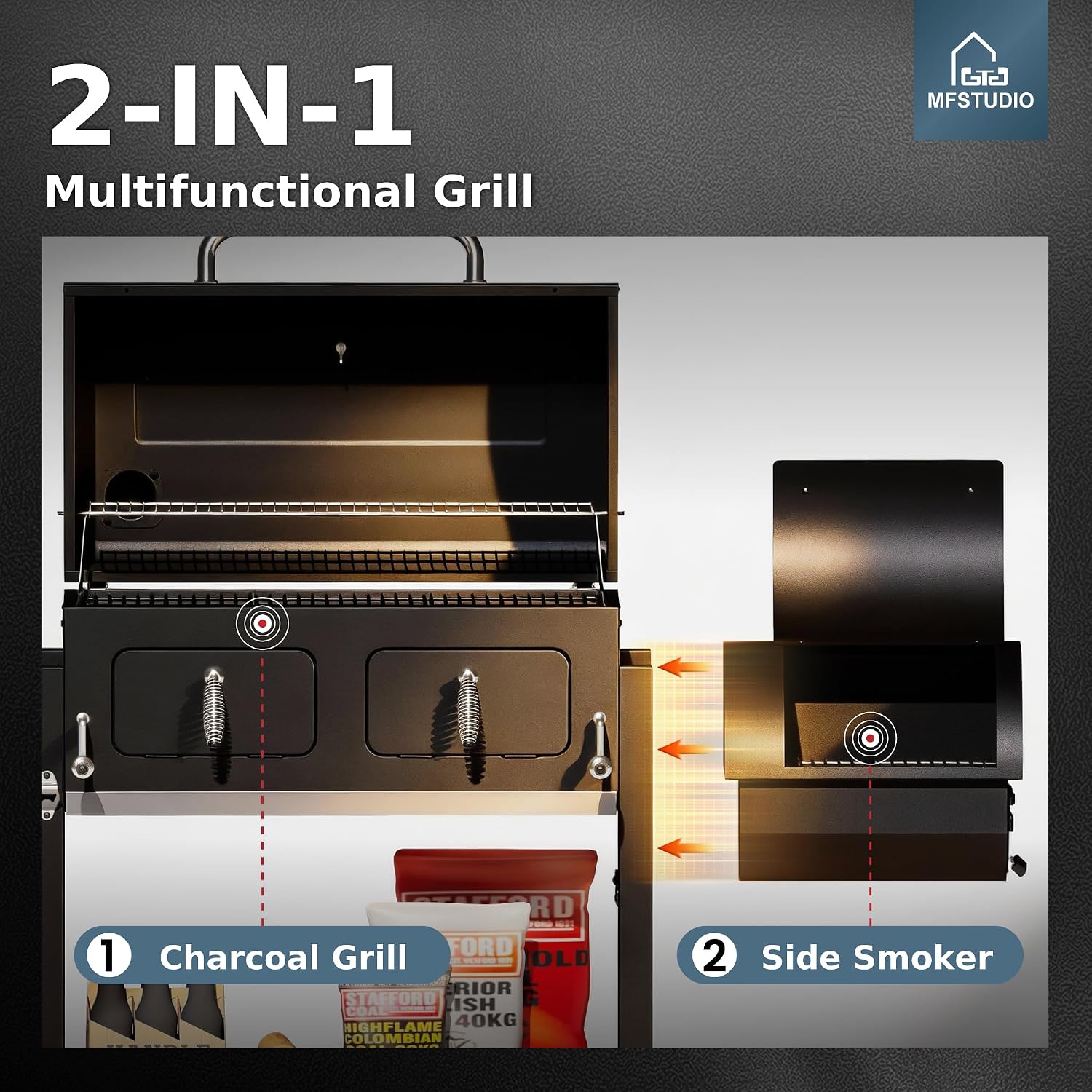 MFSTUDIO 49' 2 in 1 Charcoal Grill & Smoker Combo, Outdoor Grill with Enamel Coated Charcoal Tray, 1015 SQ.IN Cooking Area, Adjustable Top Vent and Chimney for Outdoor Grilling