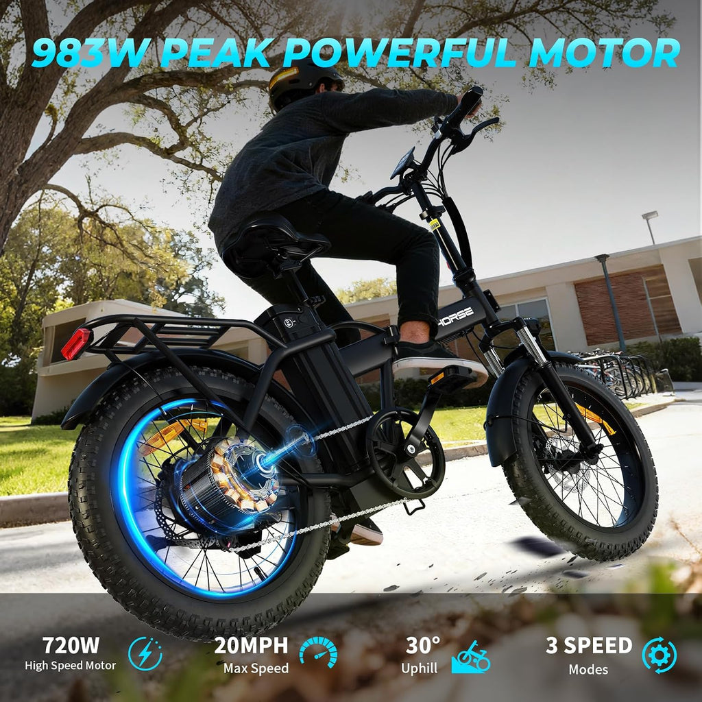 Foldable Electric Bike, Peak 983W Motor Ebike, 40-70 Miles & 20 MPH, 48V Removable Battery, 20' Fat Tire All-Terrain Electric Bicycle for Adults with 7-Speed, Suspension, Rear Rack, UL2849 Certified