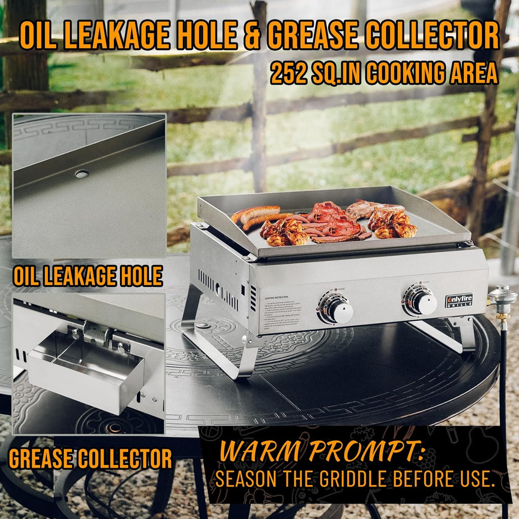 ONLYFIRE GRILLS Tabletop Gas Griddle 2-Burner, Portable Propane Gas Flat Top Griddle 252 SQ.IN Cooking Area, Outdoor Barbecue Stove for Patio BBQ Camping Tailgating RV, Stainless Steel, Classic GS319