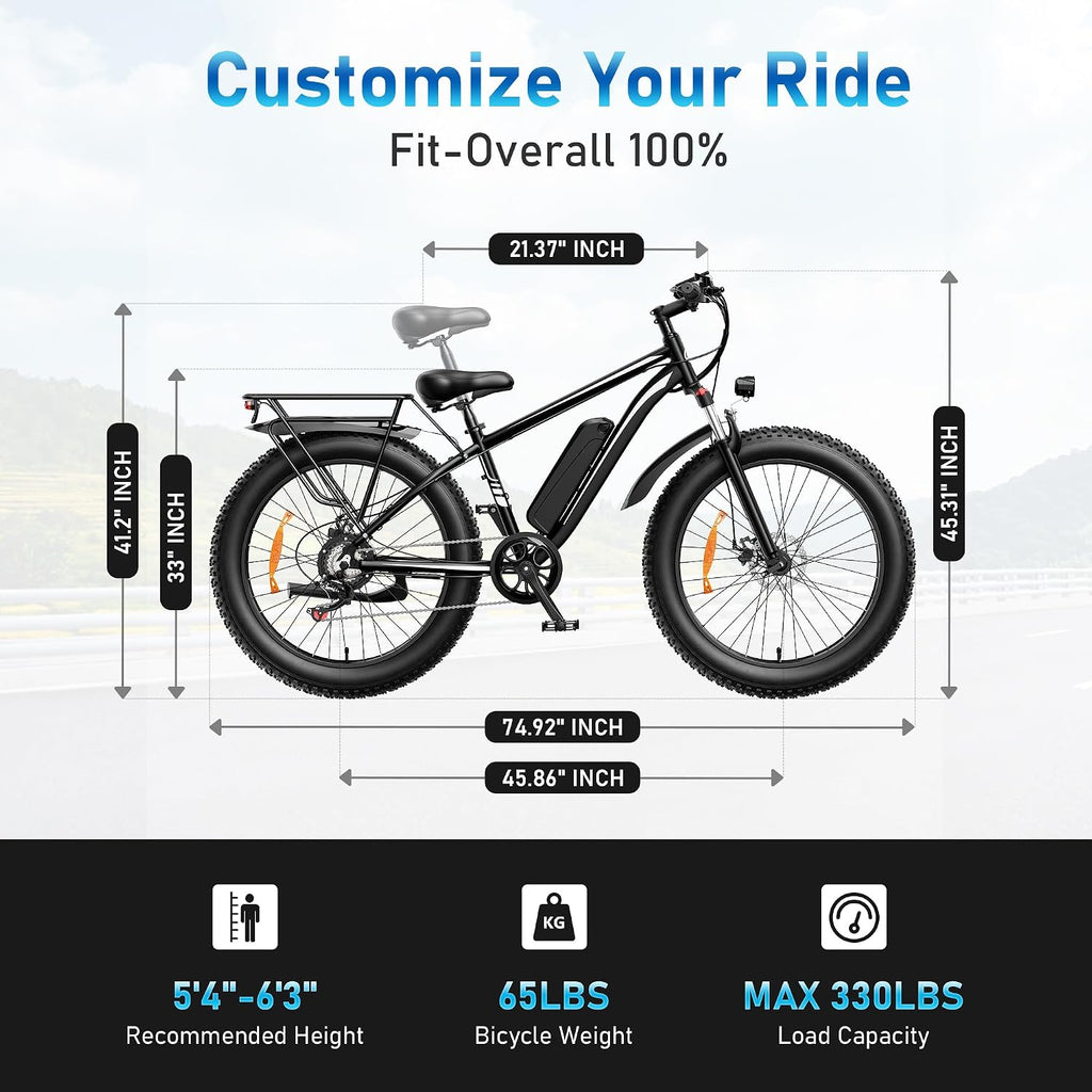 AMYET EB26 Electric Bike for Adults Peak 1500W Electric Bicycle 48V 15AH (720WH) Battery Electric Bike 26' Fat Tire Mountain 28mph 7 Speed Gears Ebike with UL 2849 Certified