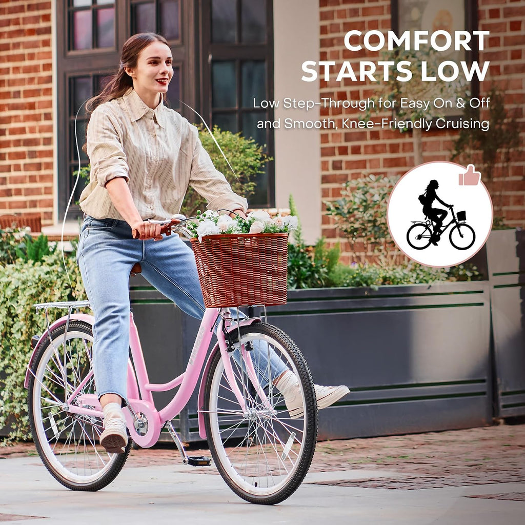 VIRIBUS Beach Cruiser Bike for Women, Single Speed Womens Bike with Basket & Rack 24 26 inch, Retro Step Through Cruiser Bicycle for Petite Short Women Female Ladies City Commuter, 330 lb.