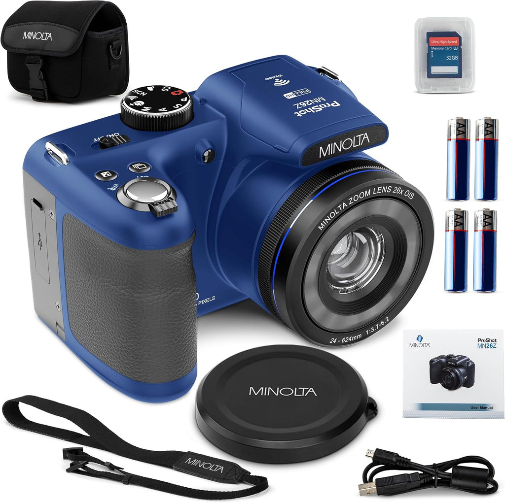 Minolta ProShot 20MP Camera – 26x Optical Zoom Lens, 1080p HD Video, WiFi, 3-inch LCD Screen, Image Stabilization, Face Detection, Scene Modes, Compact Point & Shoot, 32GB Card (Blue)