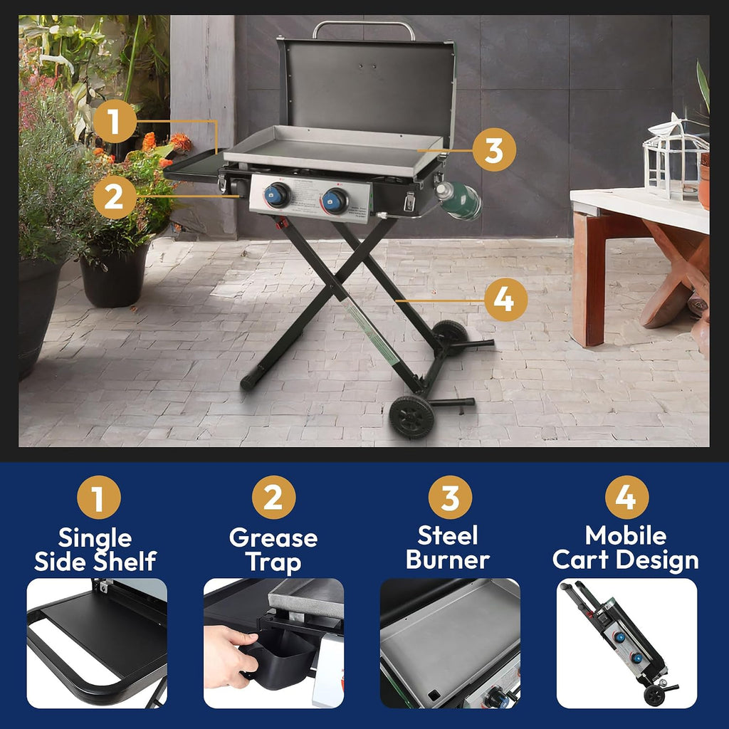 Razor Griddle GGC2030M 25 Inch Outdoor 2 Burner Portable LP Propane Gas Grill Griddle with Top Cover, Wheels, & Storage Shelf for BBQ Cooking, Black