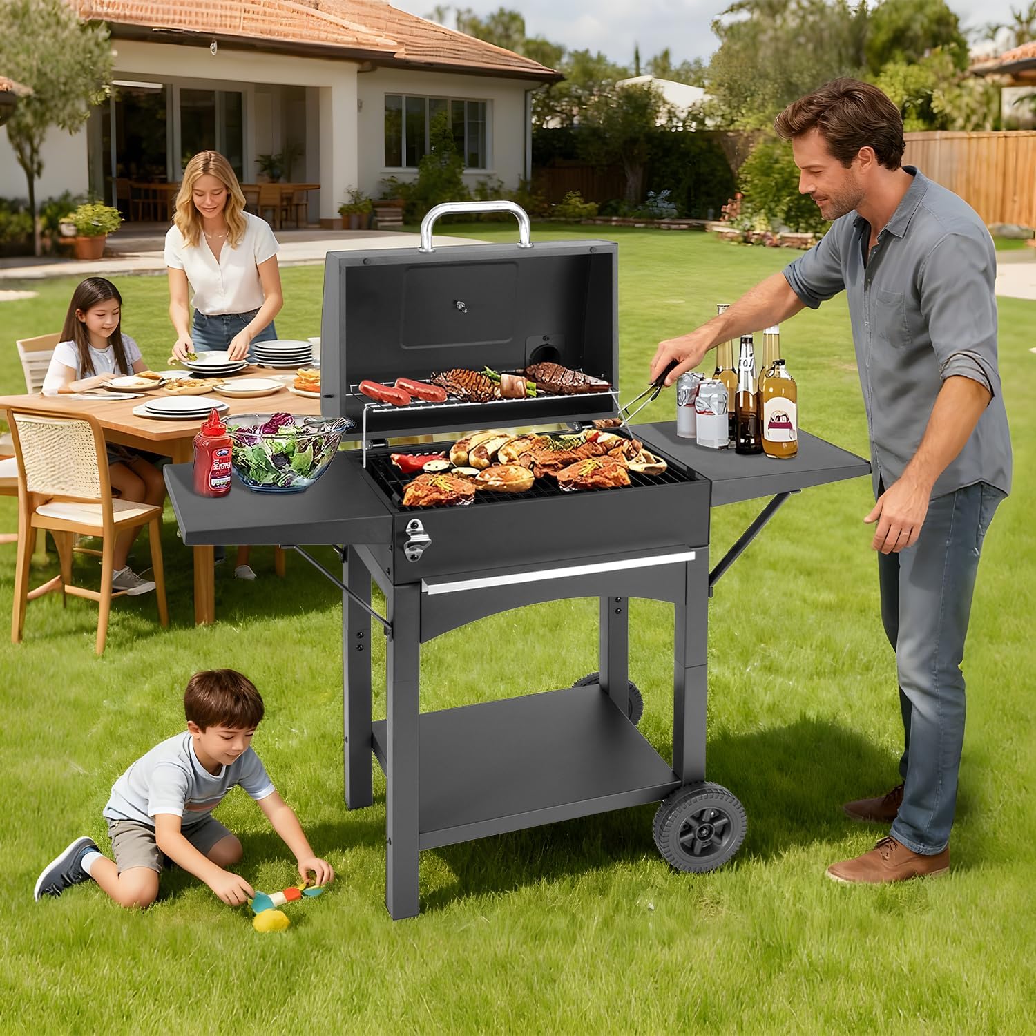 Kendane Charcoal Grill with Side Shelf, 353 Sq.Inch Cooking Area,Large Smoker Barbecue Grill with Warming Rack,Outdoor BBQ Grill with Charcoal Tray for Yard, Camping, Picnic