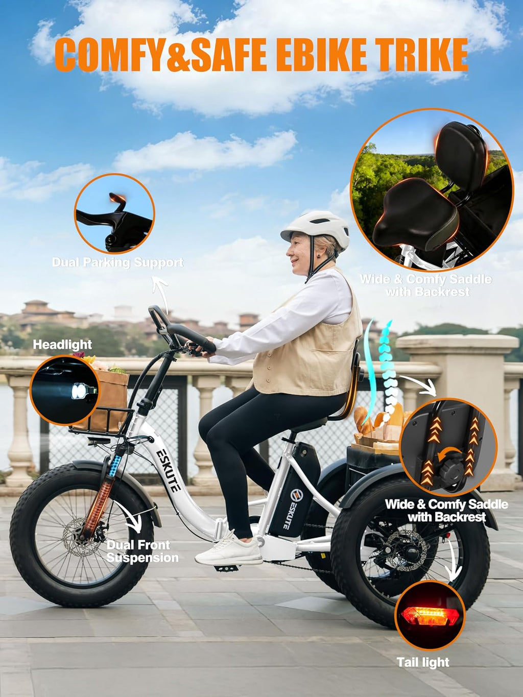 ESKUTE T300 Pro Electric Trike for Adults, 998.4Wh Long-Range Battery, 1200W Peak Motor, 20'x4.0' Fat Tires, Foldable 3-Wheel Butterfly Handlebar E-Bike with Storage Bags