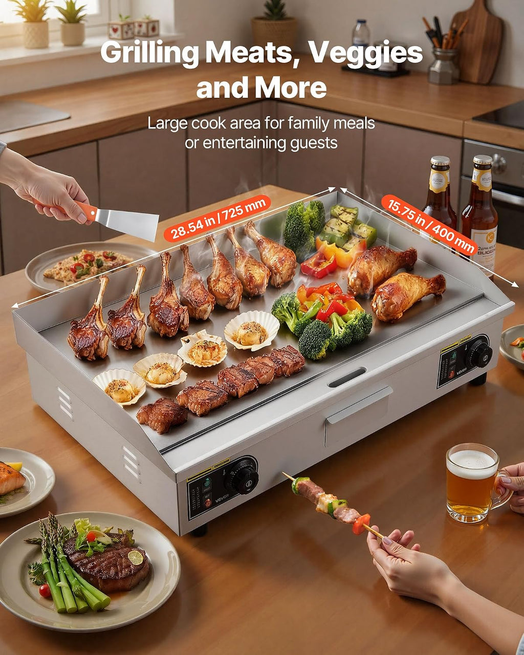 VEVOR Commercial Electric Griddle, 28.54 x 15.75 in, 2800W, 122-570°F Adjustable Temp Control, Stainless Steel Countertop Flat Top Grill with 2 Spatulas, 2 Brushes, and 4 Foot Pads, for Steak