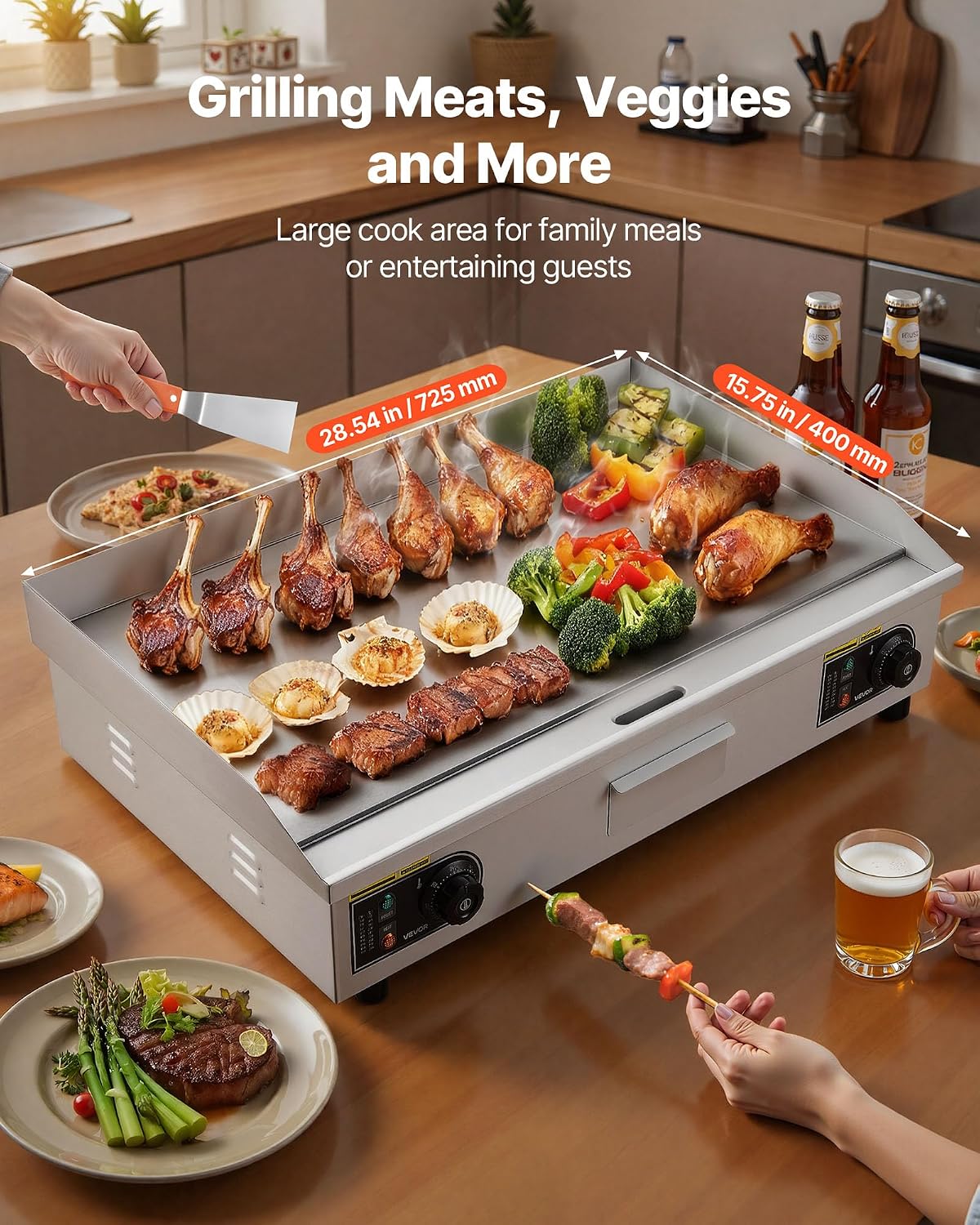 VEVOR Commercial Electric Griddle, 28.54 x 15.75 in, 2800W, 122-570°F Adjustable Temp Control, Stainless Steel Countertop Flat Top Grill with 2 Spatulas, 2 Brushes, and 4 Foot Pads, for Steak