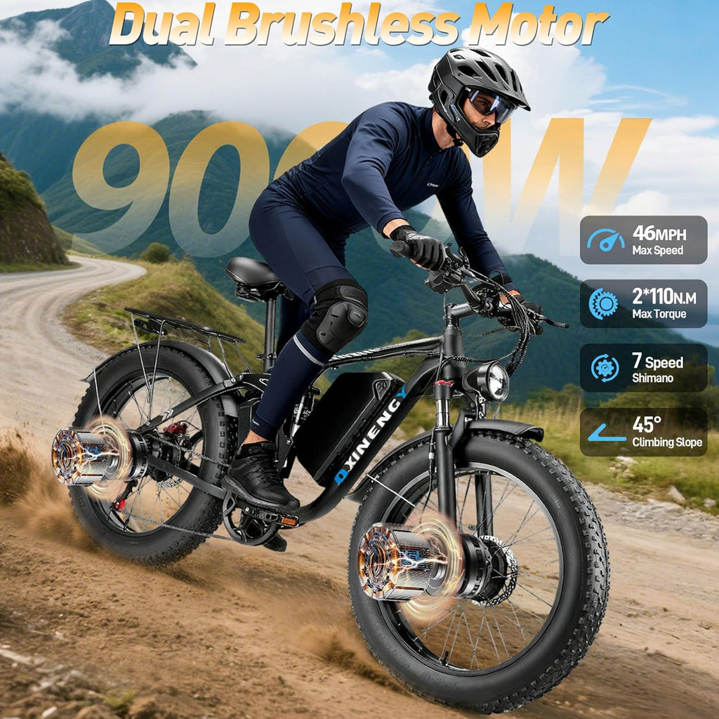 Dual Motor Ebike for Adults, Peak 9000W 52V 34AH Battery, 46MPH Fast Electric Bike for Adults, Up to 105Miles, Hydraulic Disc Brake, Full Suspension, 24' Electric Bicycle for Snow All Terrain