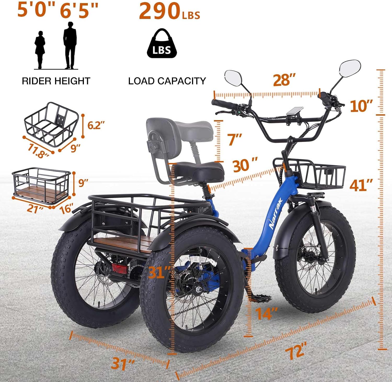 NARRAK Electric Tricycle for Adults,Fat Tire Folding Electric Trike,3 Wheels Electric Bicycle Bikes, Peak 1350W Step-Thru Etrike with Removable Battery and Large Basket for Women Men