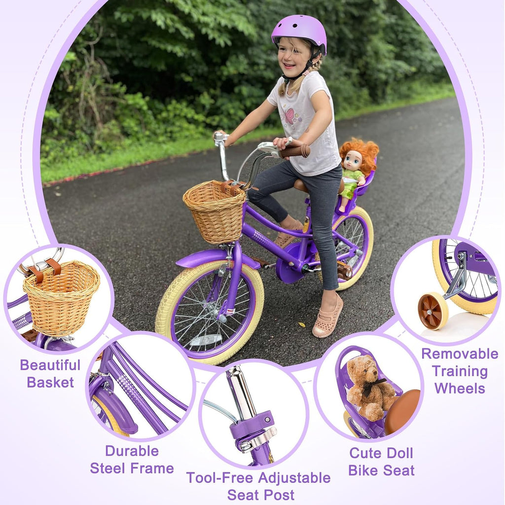 Glaf Toddler Girls Bike 12 14 16 20 Inch Girls Bike with Training Wheels Age 2-12 Years Old Bicycle Kids Bike with Basket and Doll Seat Adjustable Seat