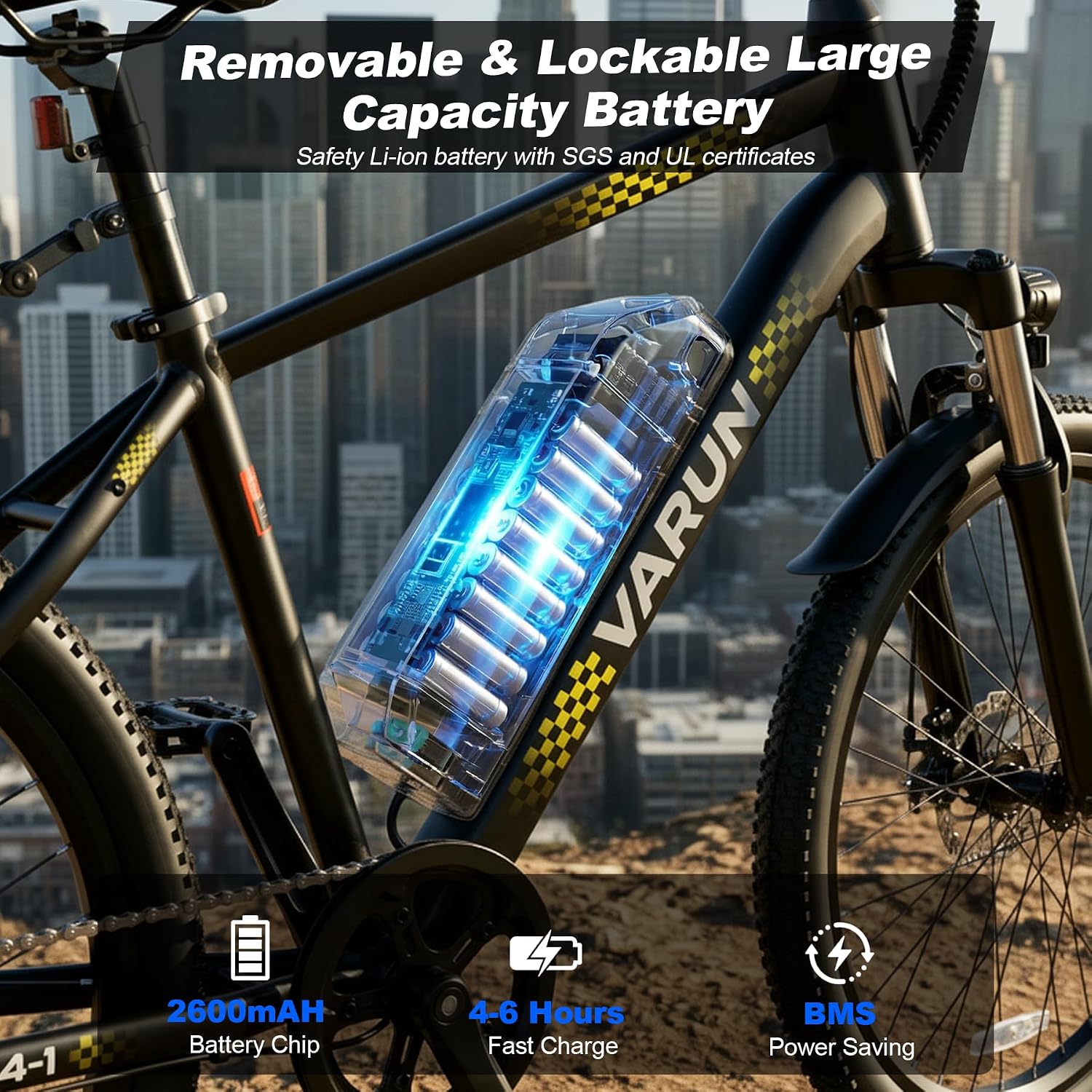 VARUN Electric Bike - 500W Peak Motor, 24/26' All-Terrain E-Bike, Up to 40 Miles & 20 MPH, Removable Battery, 7-Speed, Front Suspension, Dual Disc Brakes, with Free Accessory Pack