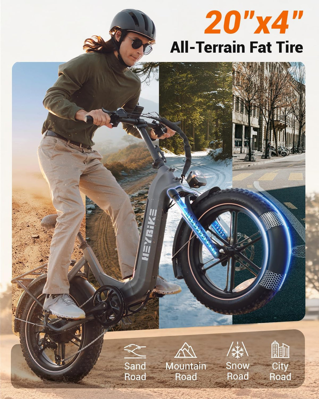 Heybike Ranger 20'x4.0' Fat Tire Folding Electric Bike for Adults, 1200W/1800W Peak Motor, 28/32MPH, up to 55/90 Miles Range, UL2849 Certified Removable Battery for Commute Beach Mountain Snow E Bike
