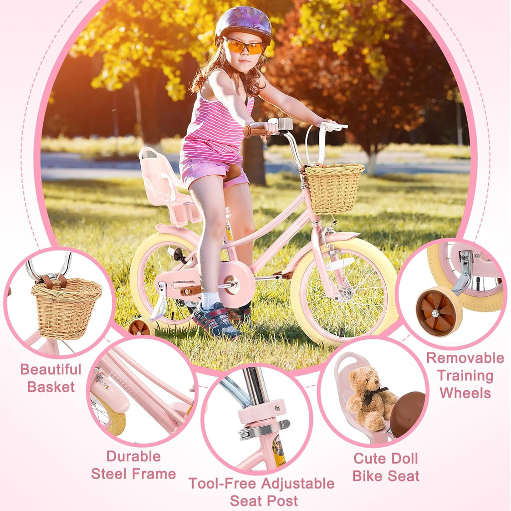 Glaf Toddler Girls Bike 12 14 16 20 Inch Girls Bike with Training Wheels Age 2-12 Years Old Bicycle Kids Bike with Basket and Doll Seat Adjustable Seat
