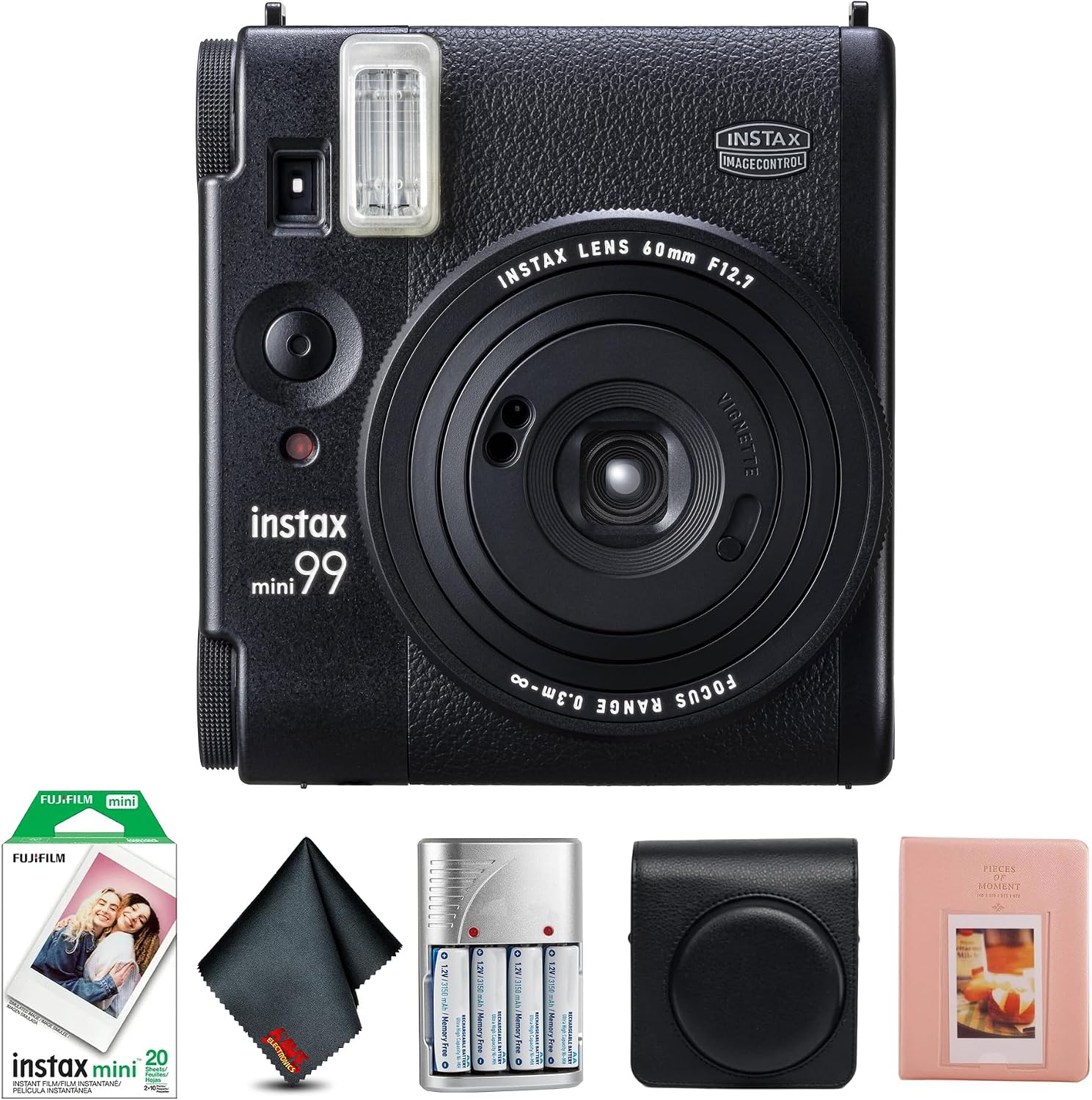 Fujifilm Instax Mini 99 Instant Camera Bundle with Fuji Instax Mini Instant Film Value Pack (20 Sheets) + Vintage Style Compatible Carrying Case - Black + Photo Album – 64 Pockets + More