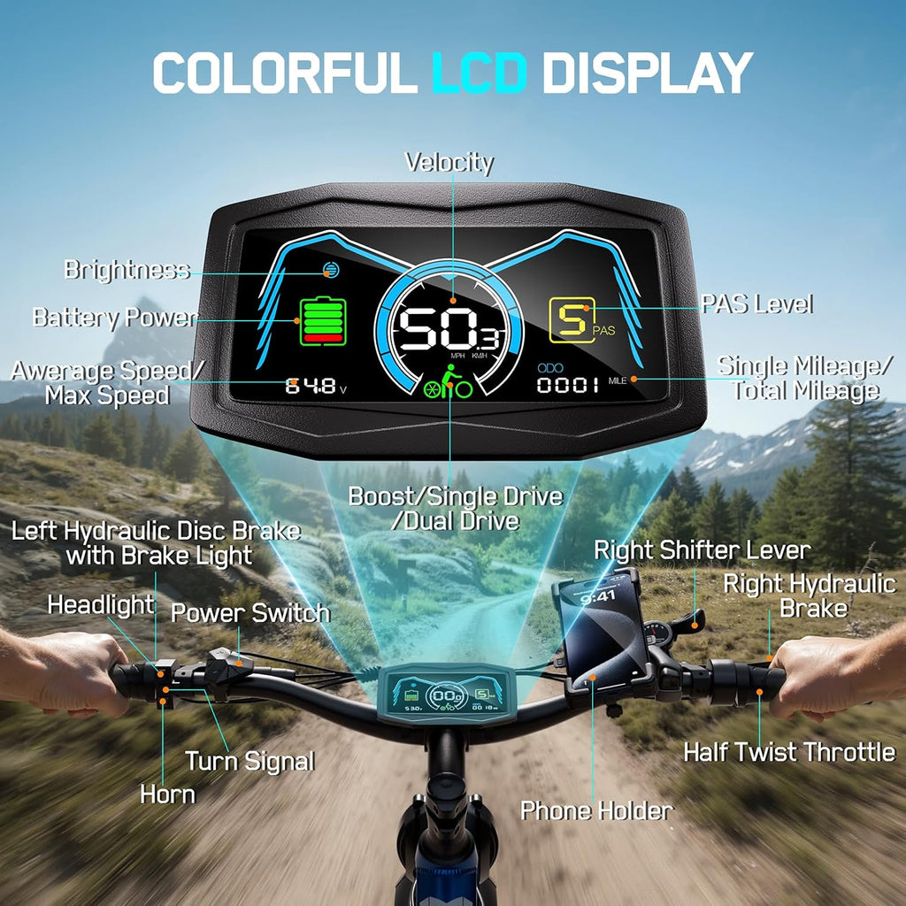 6000W Electric Bike for Adults,60V 1200WH 45MPH Dual Motor Mountain Ebike Up to100 Miles Long Range Electric Bicycle 24' Fat Tire Fast Bicycle for Men Women Full Suspension Brake/Turn Signal