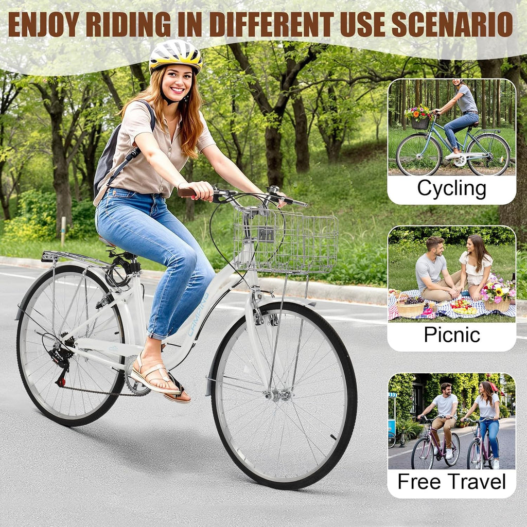CamPingSurvivals 26' Cruiser Bike Commuter Bike 7 Speed Women's Bicycle Beach Cruiser with Ergonomic Upright Design, Adjustable Saddle, Dual Fenders & V Brake and High Carbon Steel Frame