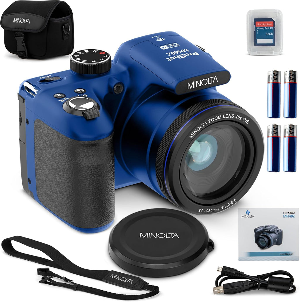 Minolta MN40Z 20MP Digital Camera – 40x Optical Zoom, 1080p FHD Video, 3.0' LCD, Wi-Fi, Face/Smile/Blink Detection – Blue