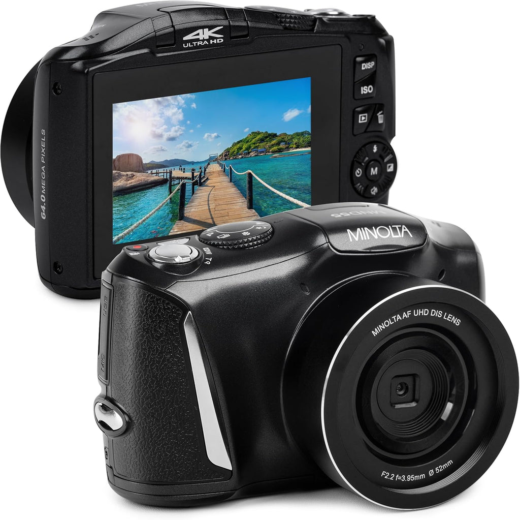 Minolta 64MP Digital Camera – 4K Ultra HD Video at 60FPS, 16x Digital Zoom, WiFi, CMOS Sensor, 3-inch LCD Display, Auto Exposure - Includes 32GB Memory Card, Rechargeable Battery (Black)