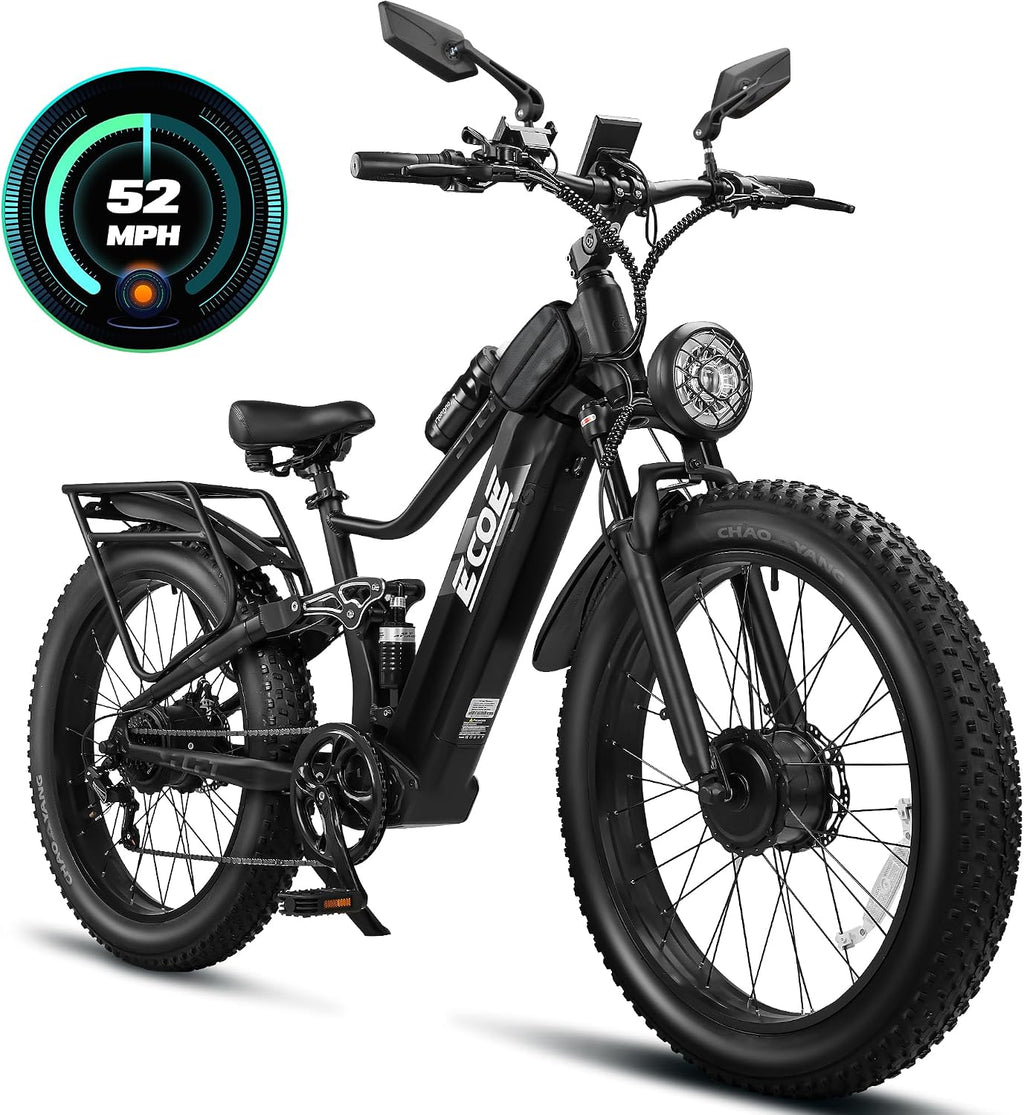 EcoE 7000/9000W Dual Motor Electric Bike for Adults 52MPH Charge Voltage 63 V32A, 26x4 Fat Tire All Terrain Ebikes, Full Suspension E Bike, SHM 7-Speed Gear Electric Bicycle
