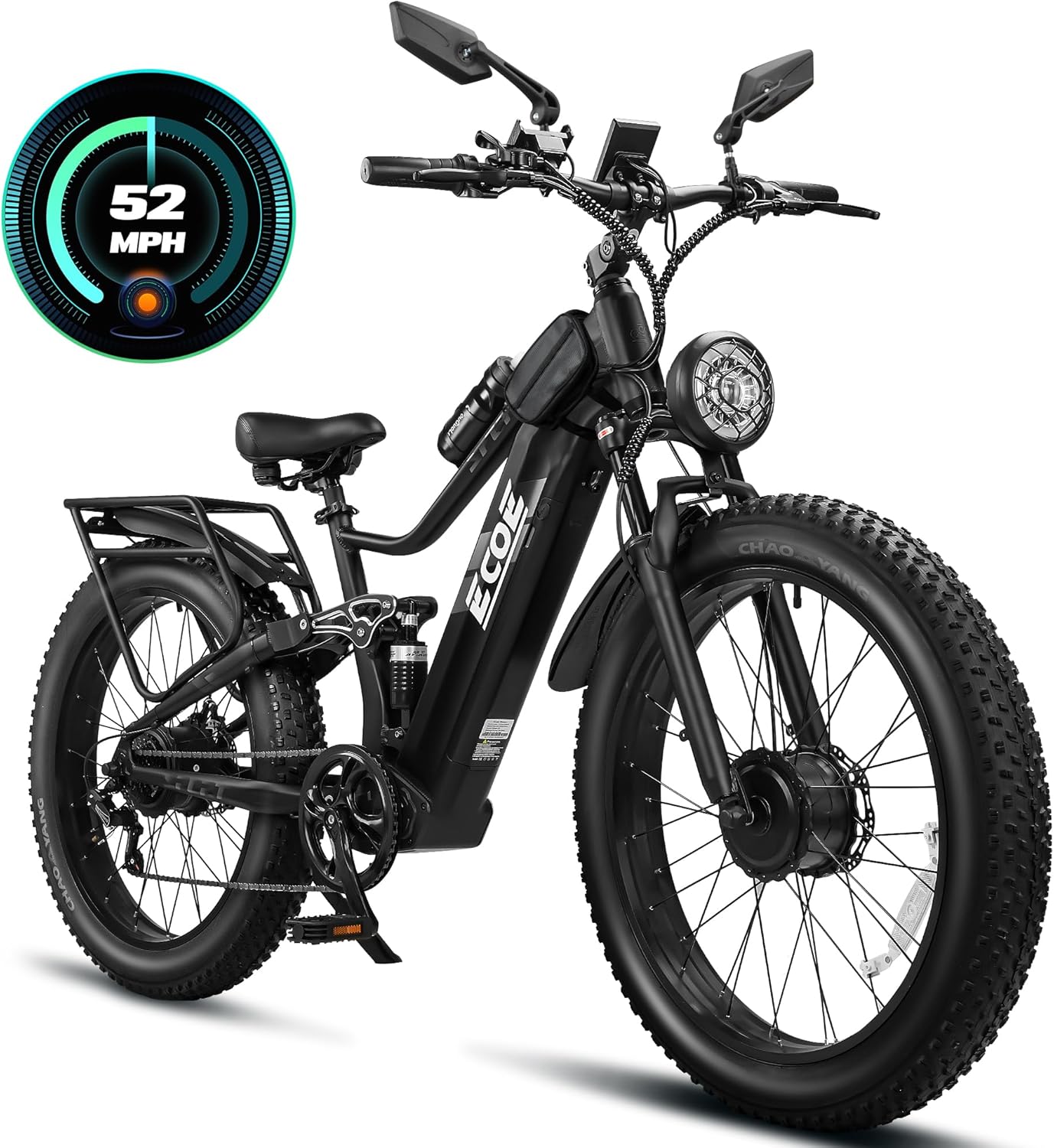EcoE 7000/9000W Dual Motor Electric Bike for Adults 52MPH Charge Voltage 63 V32A, 26x4 Fat Tire All Terrain Ebikes, Full Suspension E Bike, SHM 7-Speed Gear Electric Bicycle