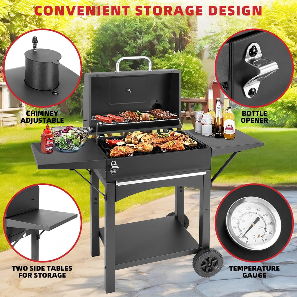 Kendane Charcoal Grill with Side Shelf, 353 Sq.Inch Cooking Area,Large Smoker Barbecue Grill with Warming Rack,Outdoor BBQ Grill with Charcoal Tray for Yard, Camping, Picnic