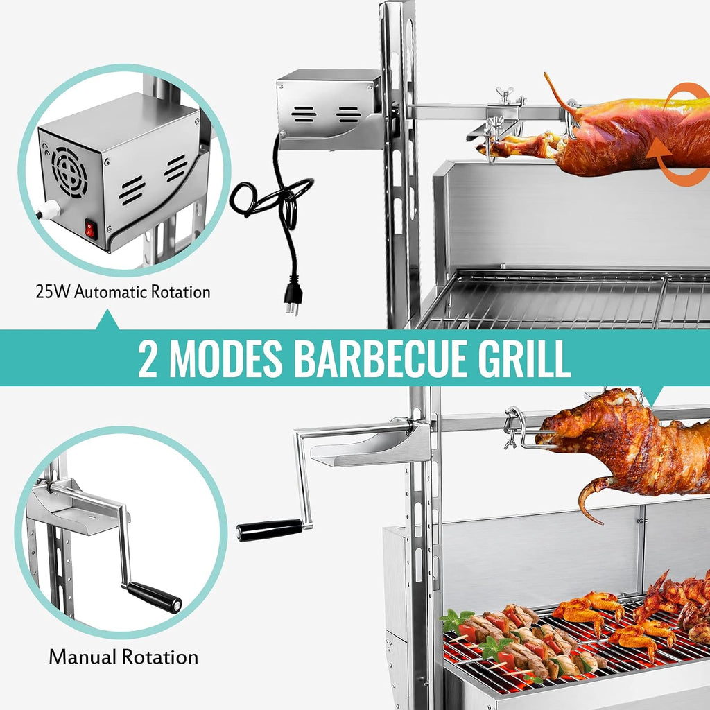 Rotisserie Grill With Windscreen, BBQ Whole Pig Lamb Goat Charcoal Spit Grill, 48.6 Inch 176Lbs Capacity, Electric 25W Motor Stainless Steel Roaster With Lockable Wheels, For Camping Outdoor