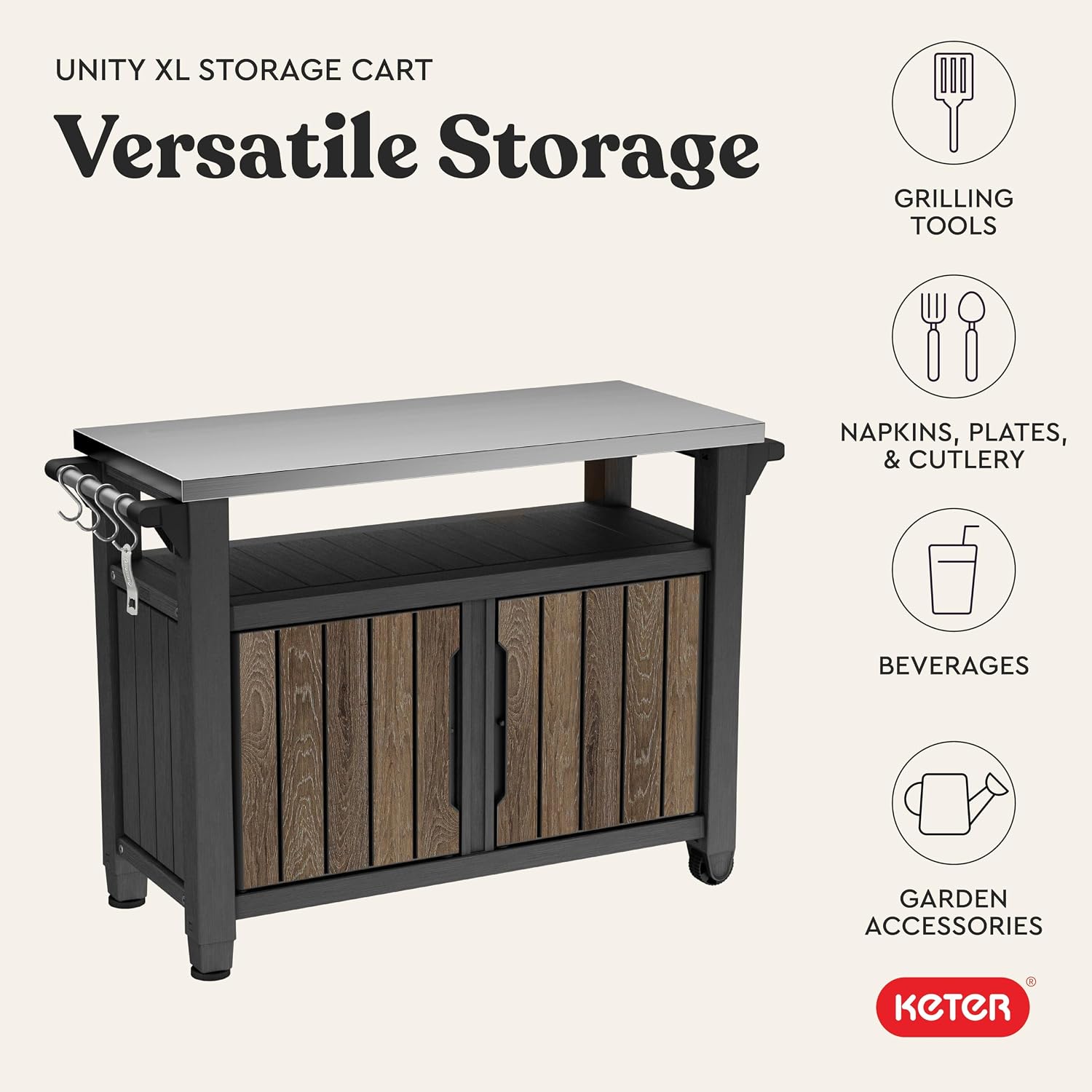 Keter Unity XL Outdoor Entertainment Cart with Wood‑Look Finish, 78‑Gallon Patio Storage Cabinet, Food Prep Station, Stainless‑Steel Top for BBQ, Grill, Patio, Deck & Backyard, Walnut