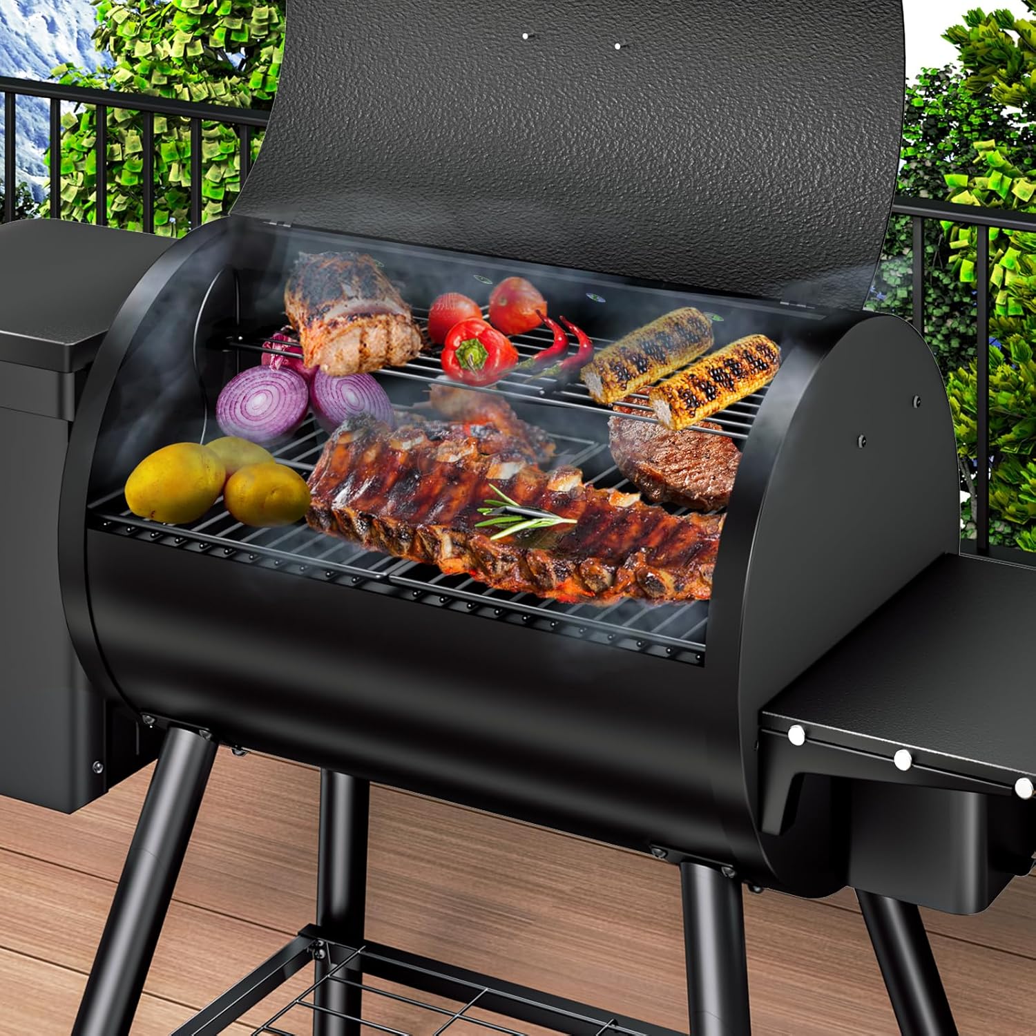 KingChii Electric Wood Pellet Grill & Smoker with Side Shelf, 456 SQ.IN Grill Capacity, with PID Temperature Control (180-425°F) for Backyard Camping Bake and Roast, Black