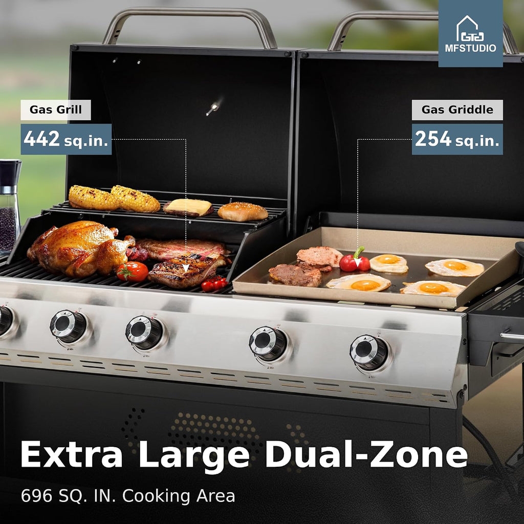 MFSTUDIO 5 Burner Gas Grill Griddle Combo with Porcelain-Enameled Cast Iron Grates,Cutting Board and Double Lids, Duel-Function Propane BBQ Grills with Flat Top Grddle for Outdoor Barbecue Cooking
