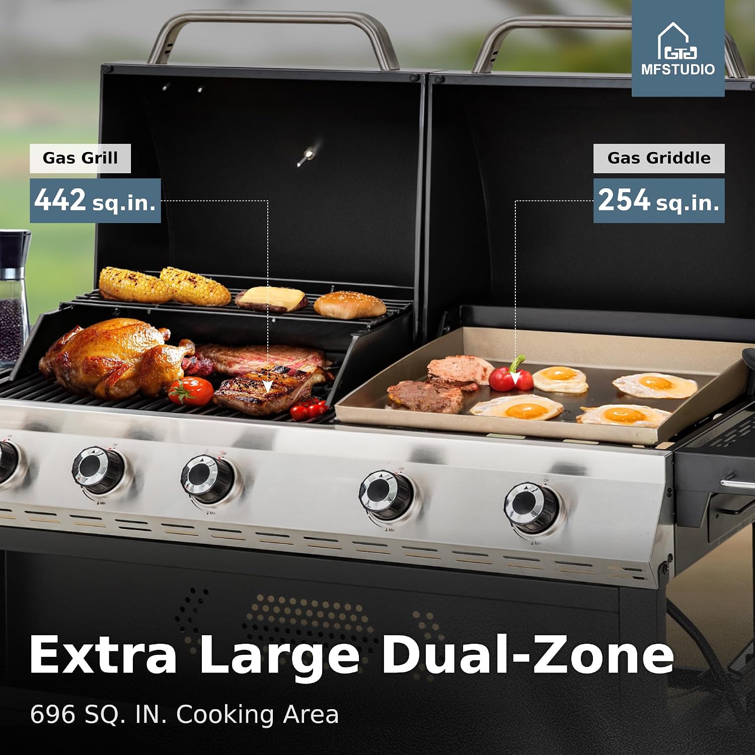 MFSTUDIO 5 Burner Gas Grill Griddle Combo with Porcelain-Enameled Cast Iron Grates,Cutting Board and Double Lids, Duel-Function Propane BBQ Grills with Flat Top Grddle for Outdoor Barbecue Cooking