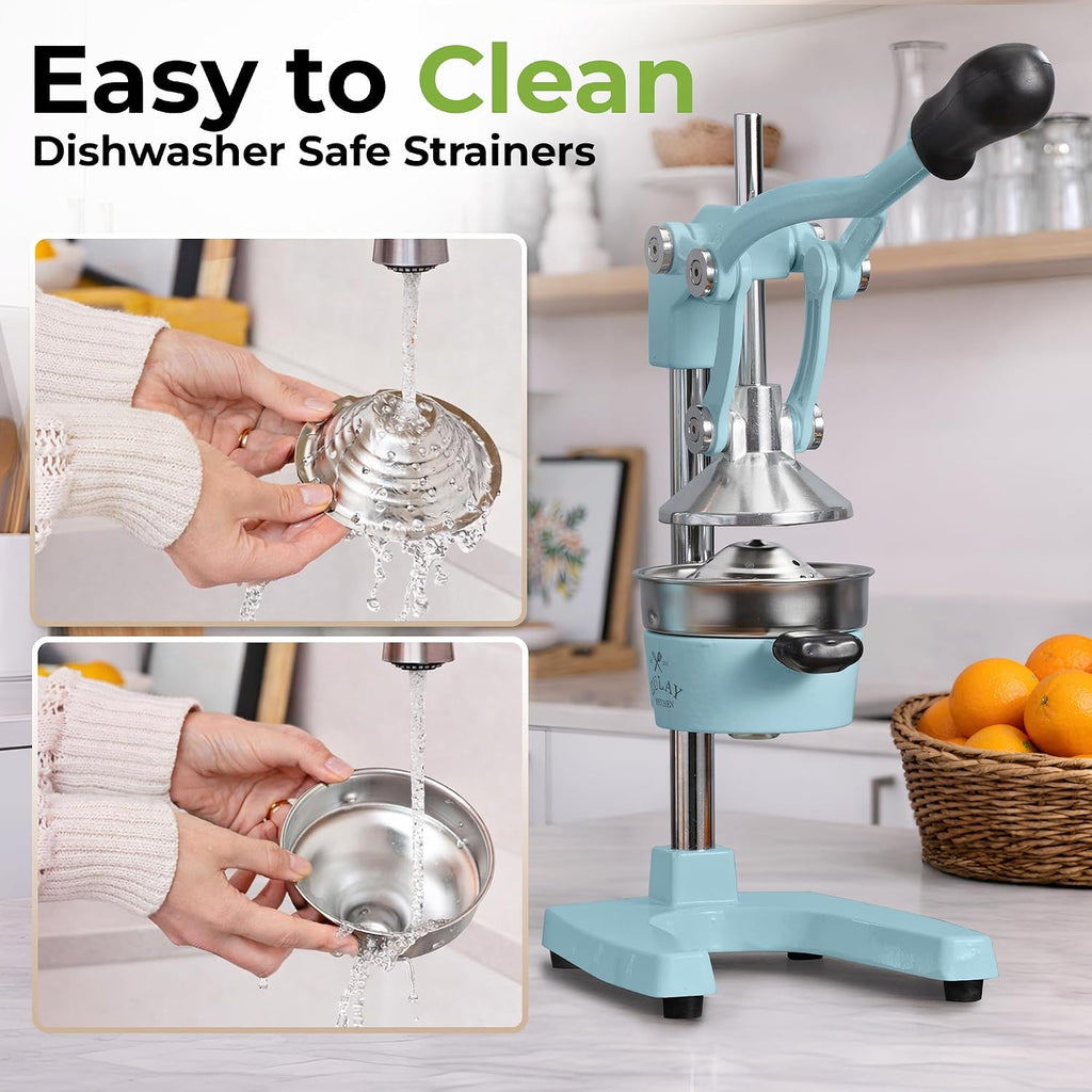Zulay Kitchen Cast-Iron Orange Juice Squeezer - Heavy-Duty, Easy-to-Clean, Professional Citrus Juicer - Durable Stainless Steel Lemon Squeezer - Sturdy Manual Citrus Press & Orange Squeezer (Blue)