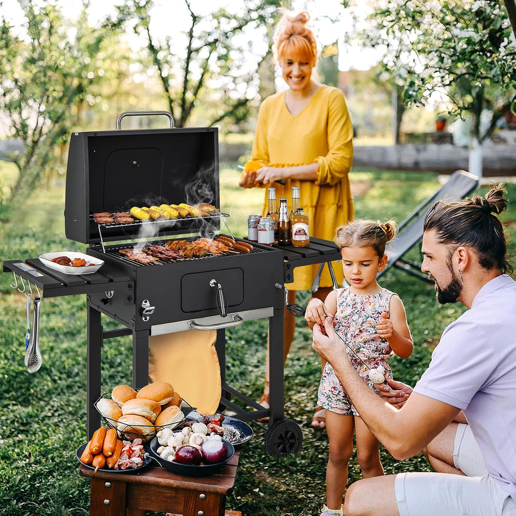 HAPPYGRILL Charcoal Grill, Heavy Duty Cooking Grill with 2 Foldable Side Tables, 8 Hooks, Storage Shelf, 2 Wheels, Flame Control, Outdoor BBQ Grill for Picnic Party Camping Backyard Patio