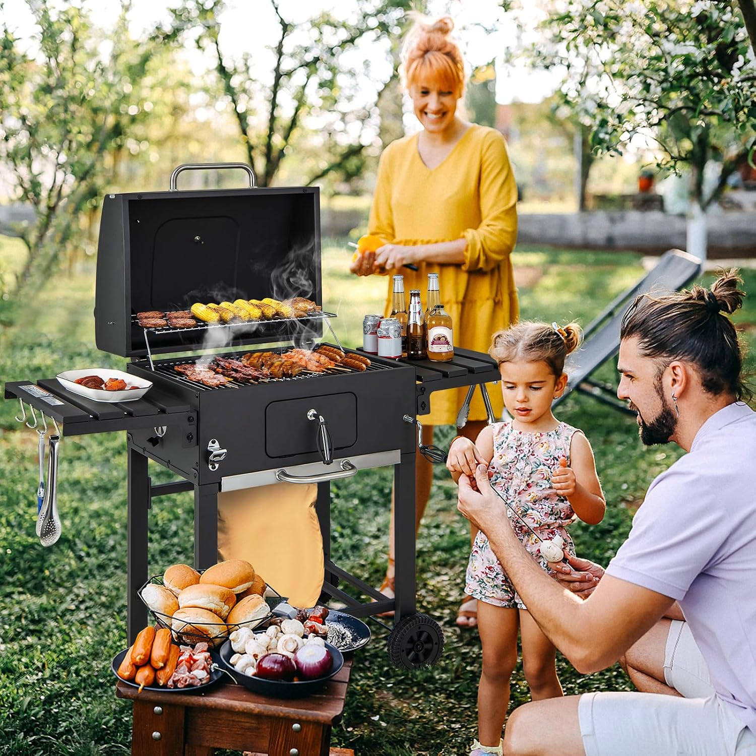 HAPPYGRILL Charcoal Grill, Heavy Duty Cooking Grill with 2 Foldable Side Tables, 8 Hooks, Storage Shelf, 2 Wheels, Flame Control, Outdoor BBQ Grill for Picnic Party Camping Backyard Patio