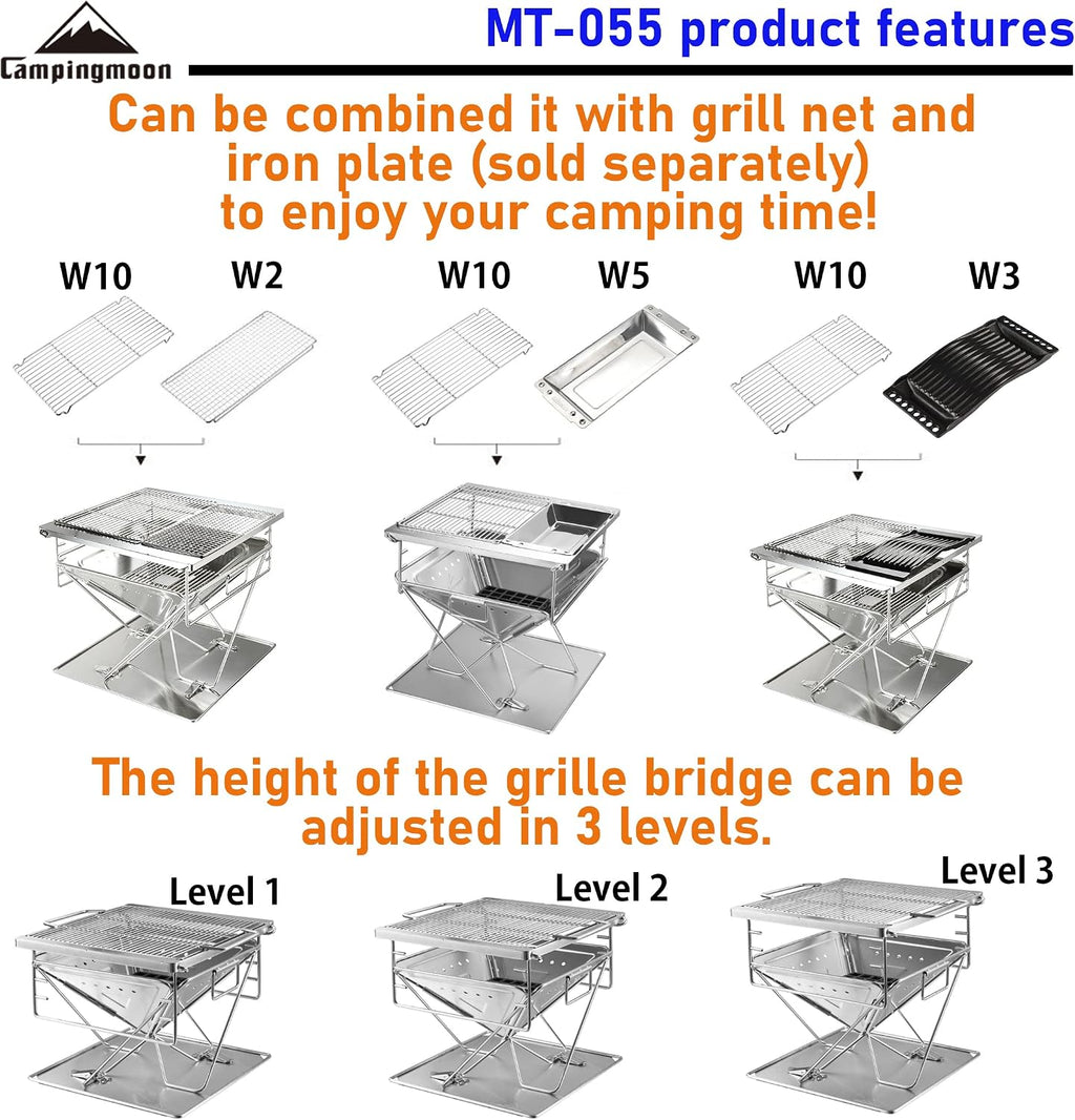 Campingmoon BBQ Grill Fire Pit Foldable Stainless Steel - Extra Large MT-055