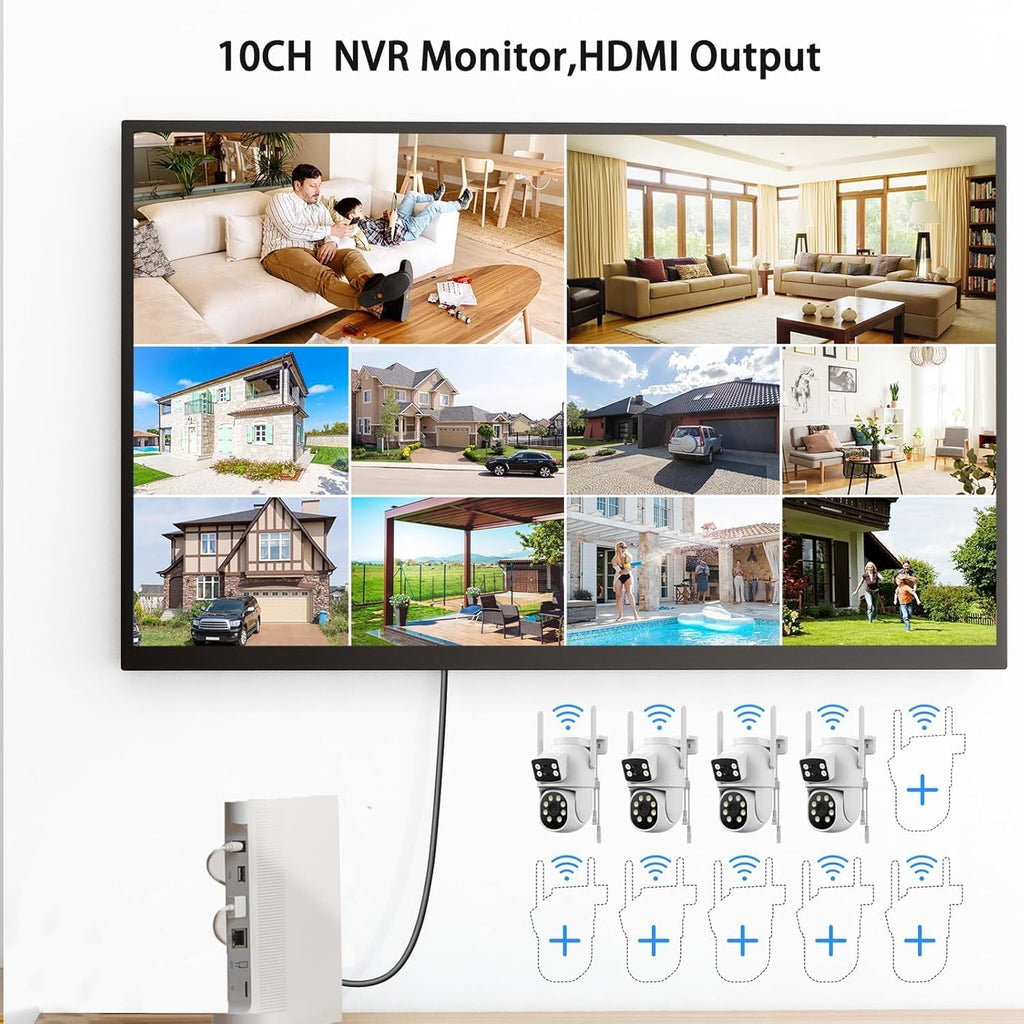 4MP Dual Lens Home Security Camera System Wireless, Security Cameras Wireless Outdoor 24/7 Record, Auto Tracking, 5G & 2.4G WiFi, Night Vision, 2-Way Audio, 360° PTZ, 10CH 4K NVR 500GB No Subscription