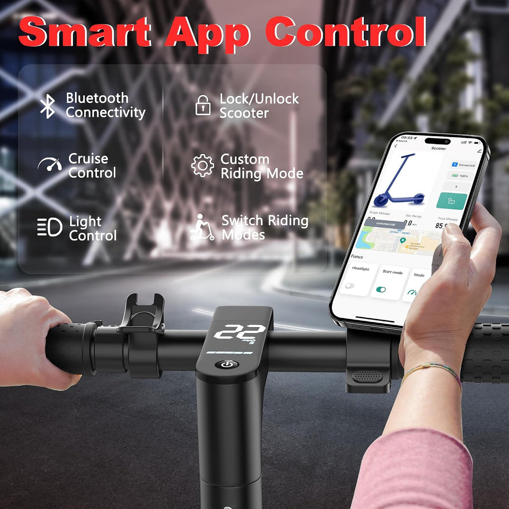 Maxshot Electric Scooter, 8.5' /10' /14' Tire, 16/19/22 Mph Top Speed, 12/16/21/27/28/49/50 Miles Long Range, Folding Escooter for Adults and Kids with Seat Bag, Dual Braking, Dual Suspension, App