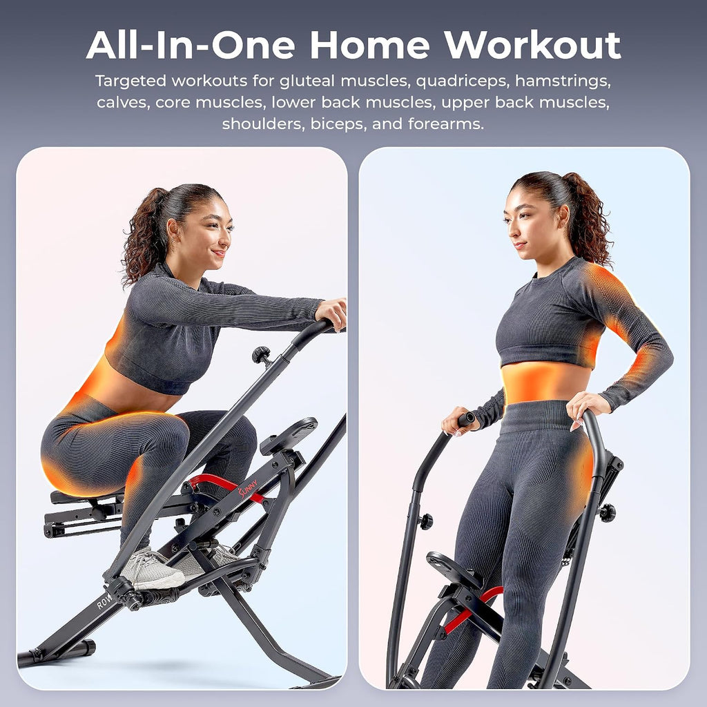 Sunny Health & Fitness Row-N-Ride Squat Machines, Adjustable Resistance and Seating/Handle for Home Glutes Training, SunnyFit App Access Included