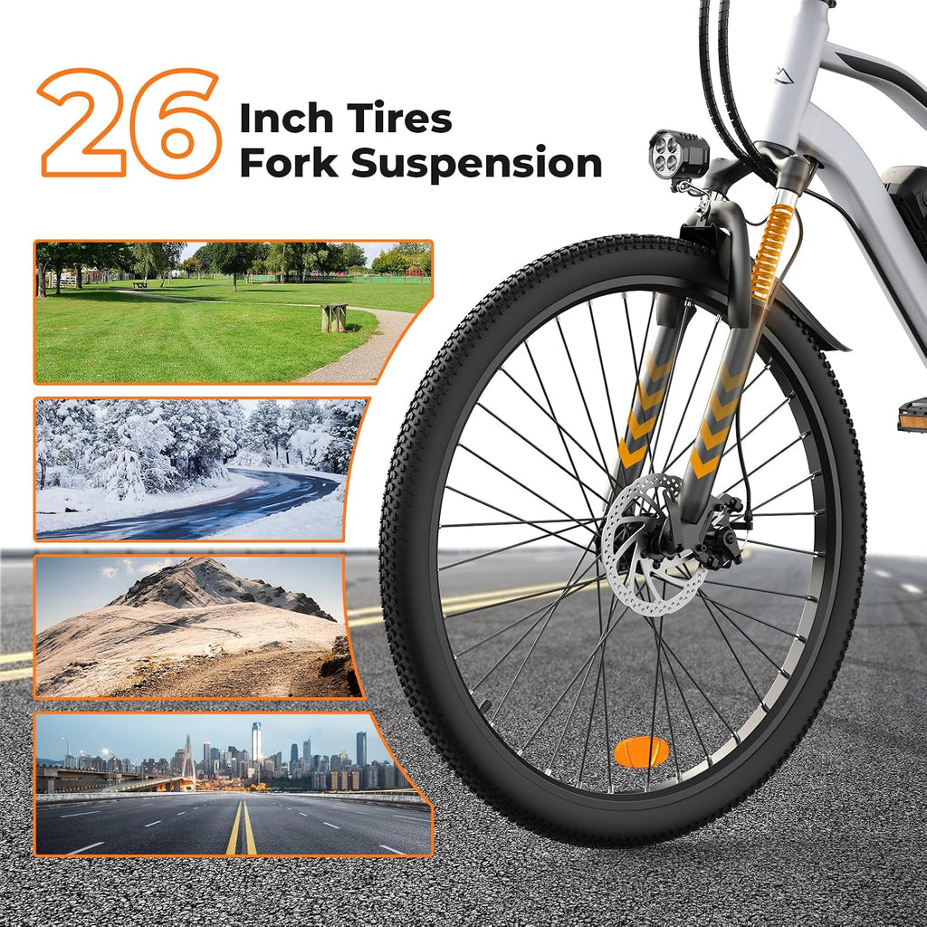 Electric Bike, 1000W Peak Powerful Motor, 65+ Miles Range & 20MPH Top Speed, 26'' Tires E-Bike, Adjustable Seat, Shock Absorber, Commuting Electric Bike for Adults