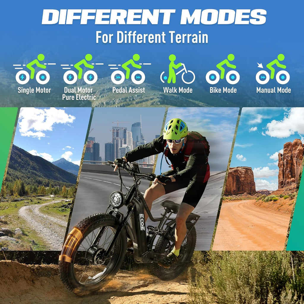 EcoE 7000/9000W Dual Motor Electric Bike for Adults 52MPH Charge Voltage 63 V32A, 26x4 Fat Tire All Terrain Ebikes, Full Suspension E Bike, SHM 7-Speed Gear Electric Bicycle
