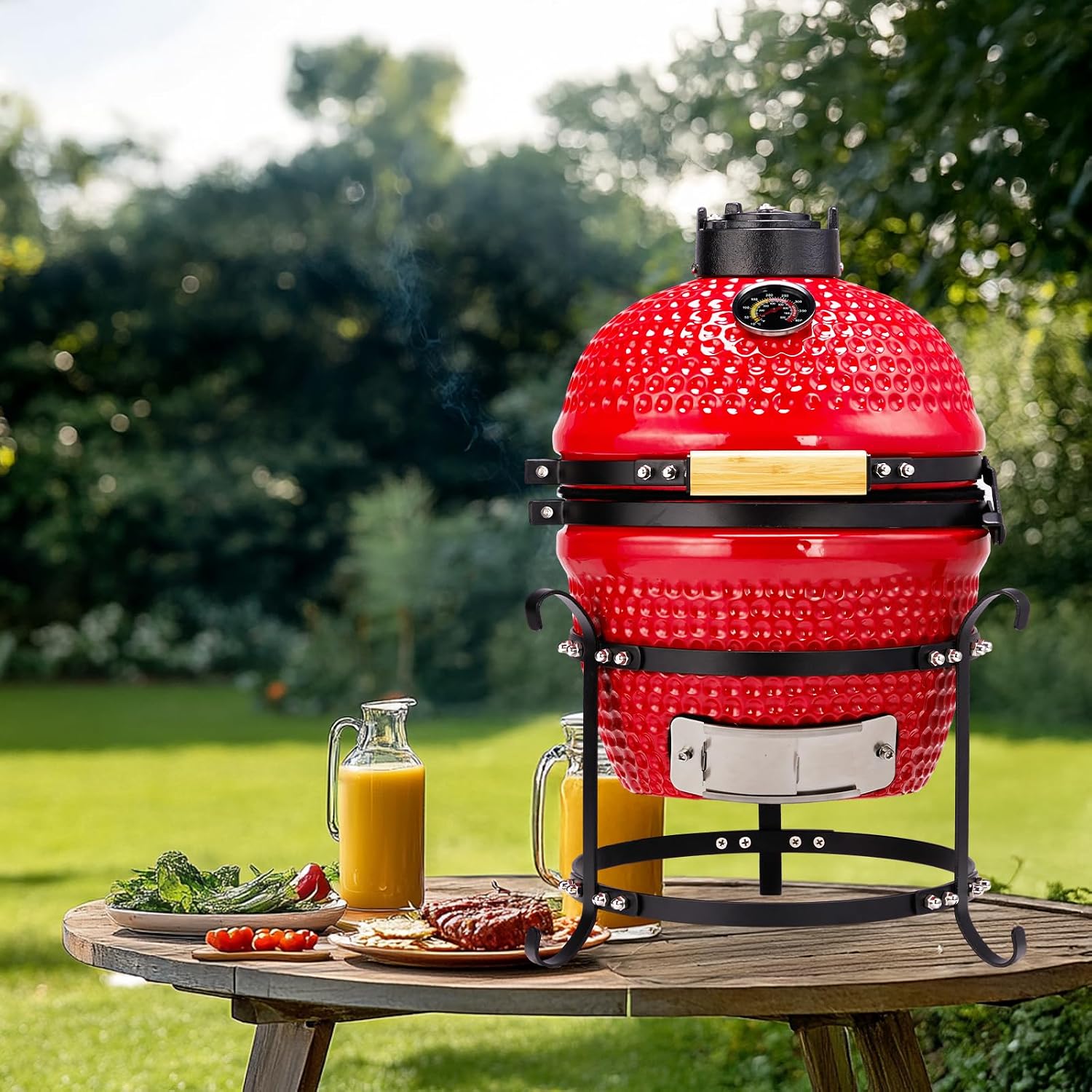 13' Portable Round Ceramic Charcoal Grill,Outdoor Barbecue Smoker,Heavy Duty Outdoor BBQ Grill,Vertical Camping Barbecue Grill,with Built-in Thermometer,for Garden Patio Beach Backyard (Red)