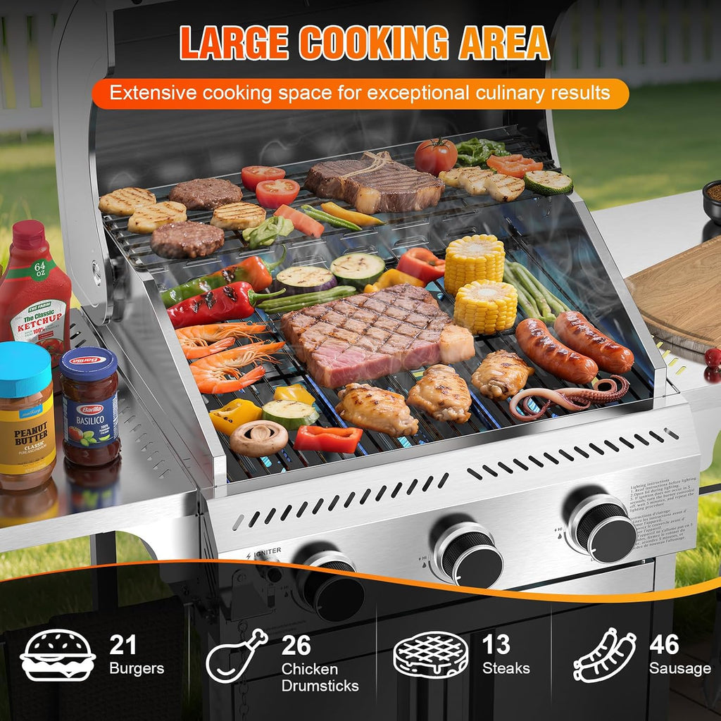 Electactic G31 Gas Grill, 3-Burner Gas Grill with Folding Side Tables,Stainless Steel 24,000 BTU BBQ Grill,Outdoor Propane Grill for Barbecue,Patio,Camping
