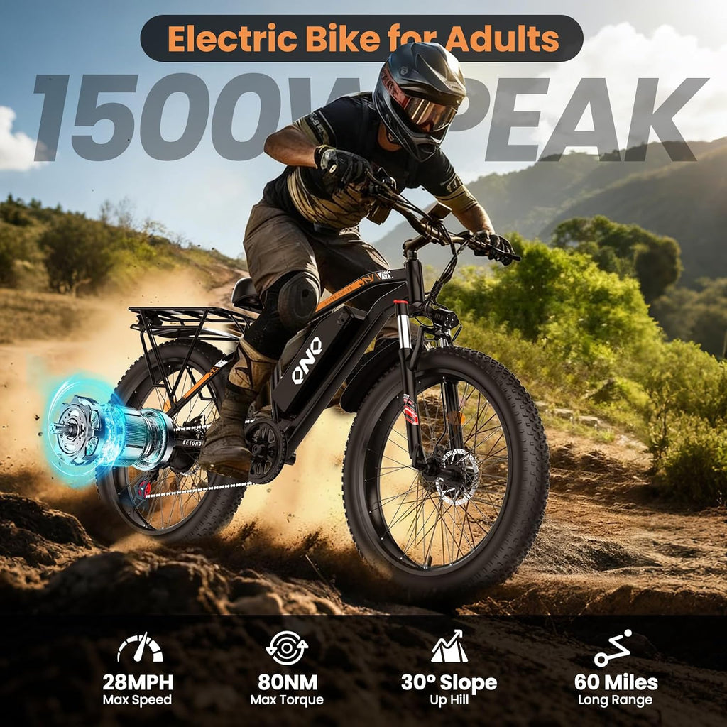 Adult Fat Tire Electric Bike 1500W Peak Motor - 48V 15Ah Fast Electric Mountain Bike, 28MPH & 60 Miles Long Range Ebike, 26' All Terrain E-Bike for Men Women with Lockable Suspension & 7 Speed Gears