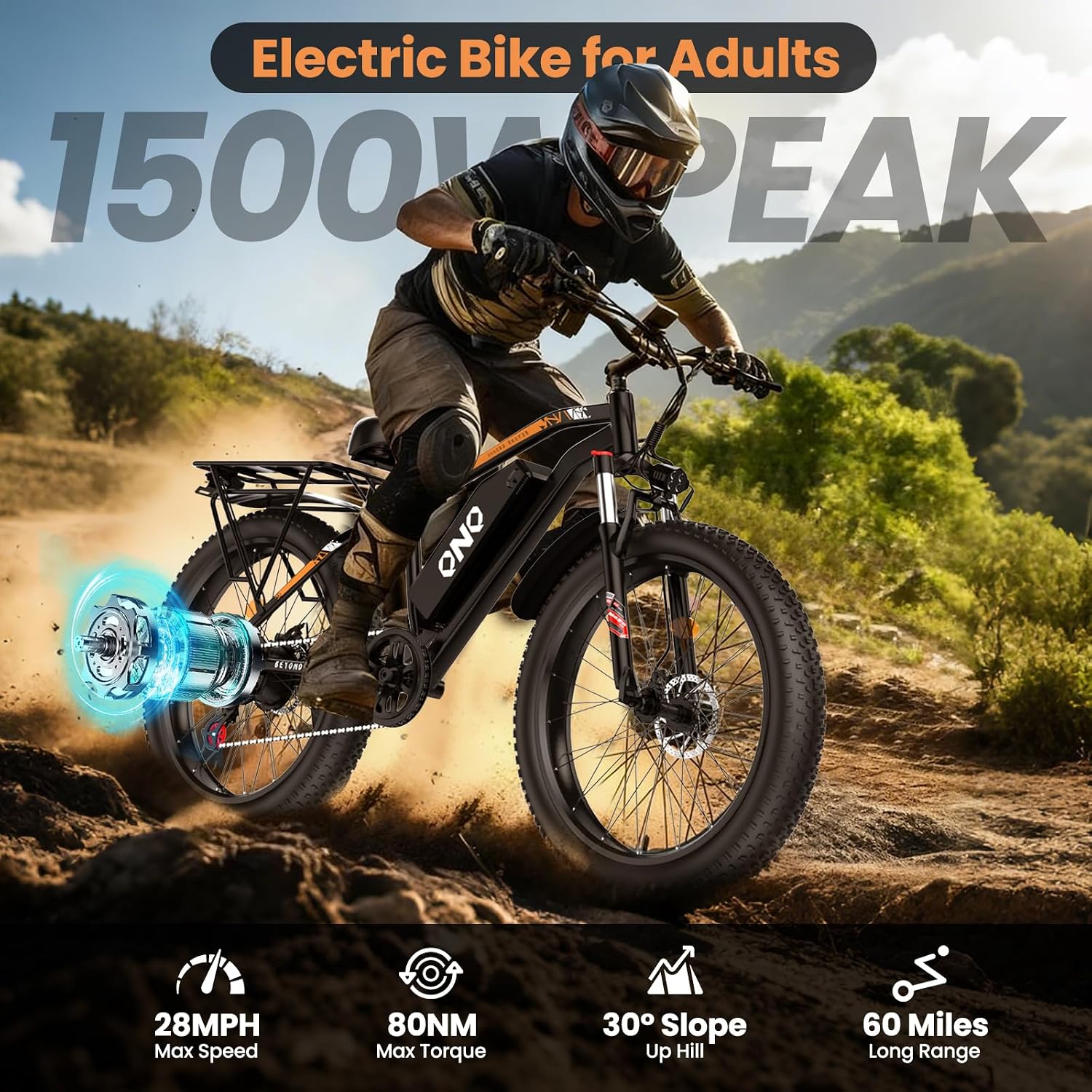 Adult Fat Tire Electric Bike 1500W Peak Motor - 48V 15Ah Fast Electric Mountain Bike, 28MPH & 60 Miles Long Range Ebike, 26' All Terrain E-Bike for Men Women with Lockable Suspension & 7 Speed Gears