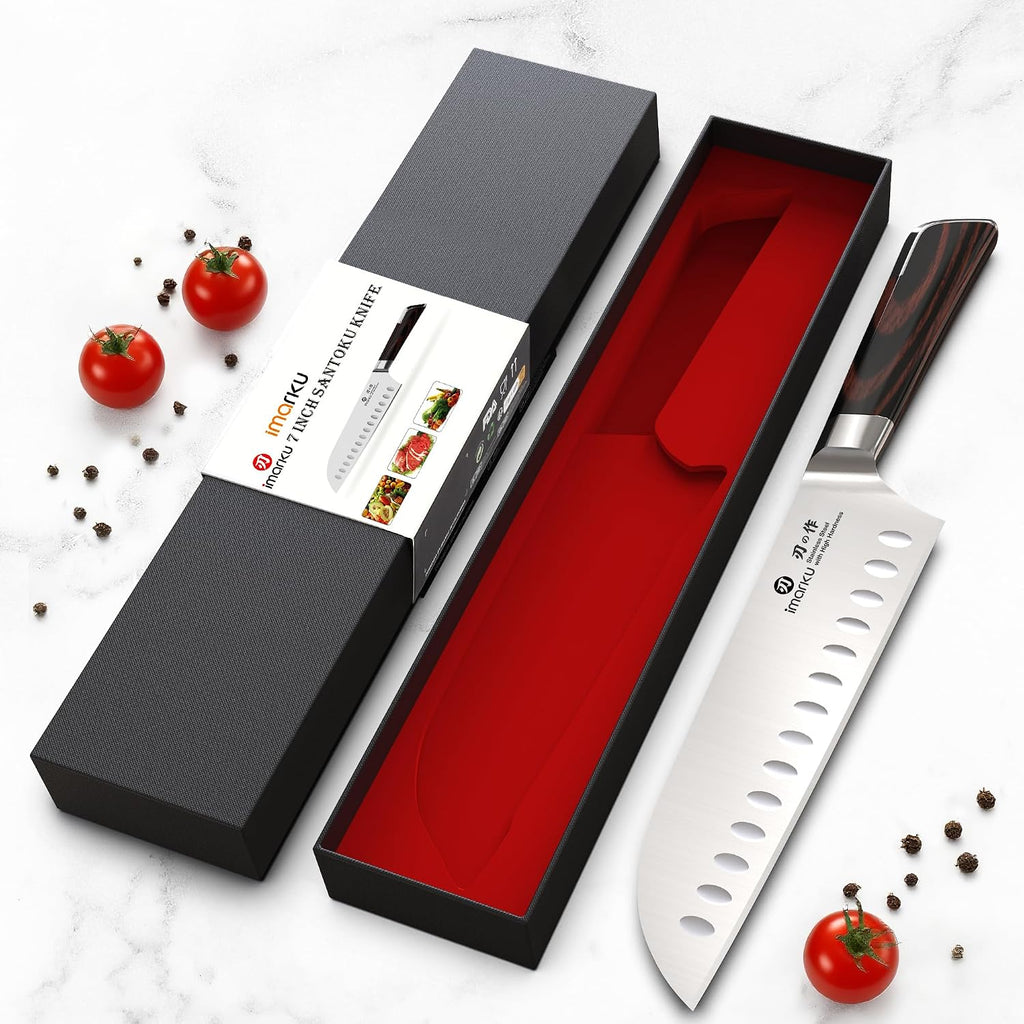 imarku Japanese Santoku Knife 7 Inch, Ultra Sharp Chef Knife, Professional Grade Powder High Carbon Steel Forged Kitchen Knife, PakkaWood Ergonomic Handle, Gifts for Women and Men