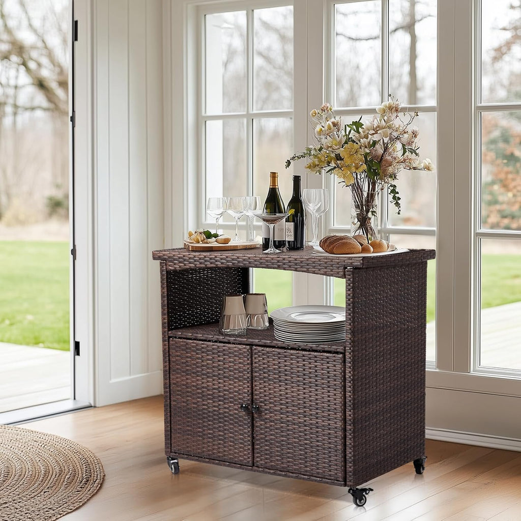 VINGLI Wicker Outdoor Bar Cart with Storage & Rolling Wheels, Patio Bar Table w/Shelf, Outdoor Storage Cabinet Buffet Cabinet Grill Cart for BBQ Pool Patio Kitchen, Brown