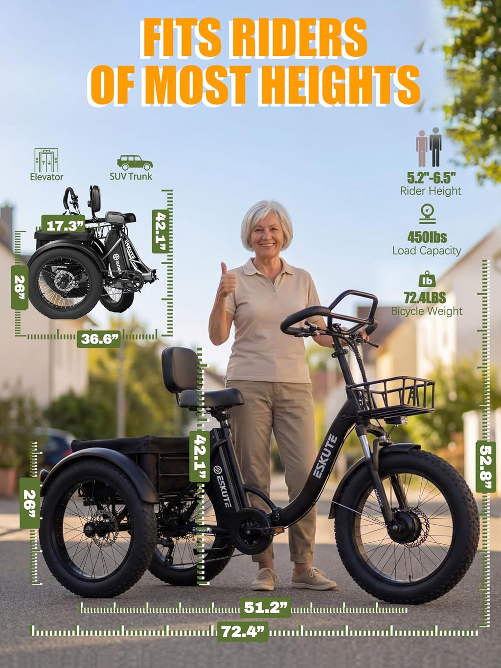 ESKUTE T300 Pro Electric Trike for Adults, 998.4Wh Long-Range Battery, 1200W Peak Motor, 20'x4.0' Fat Tires, Foldable 3-Wheel Butterfly Handlebar E-Bike with Storage Bags
