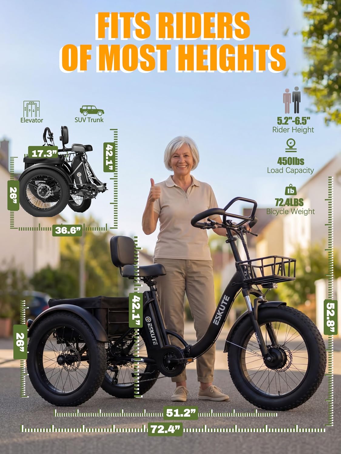 ESKUTE T300 Pro Electric Trike for Adults, 998.4Wh Long-Range Battery, 1200W Peak Motor, 20'x4.0' Fat Tires, Foldable 3-Wheel Butterfly Handlebar E-Bike with Storage Bags
